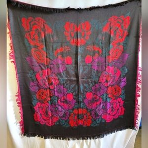 Vintage Shawl Reversible Black Red Scarf Tablecloth Stole Vibrant Fringes